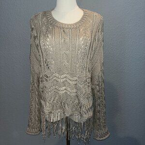 ZARA Taupe Open Cable Knit Fringe Bottom Oversized Cropped Sweater NWT - Large